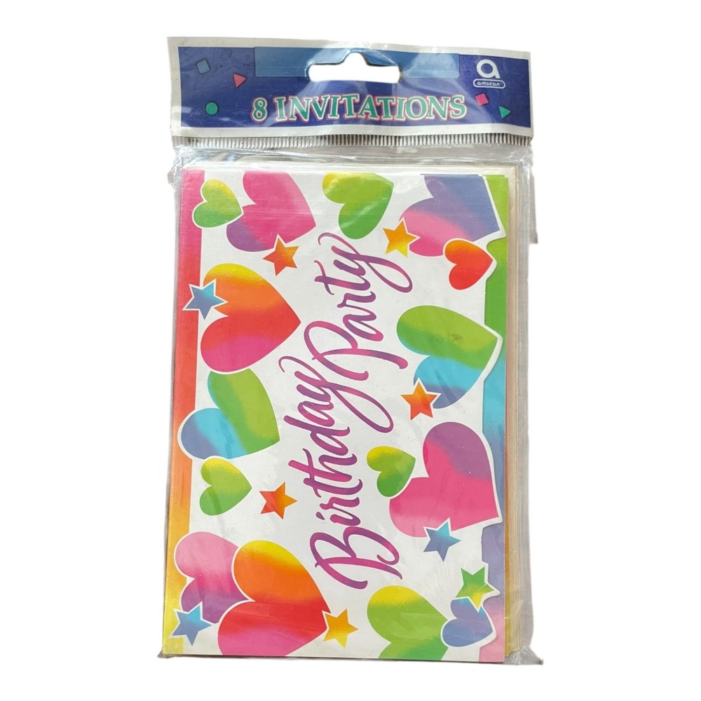 Amscan Birthday Party Invitations 8 Pack Sparkle Hearts Rainbow Cards &
